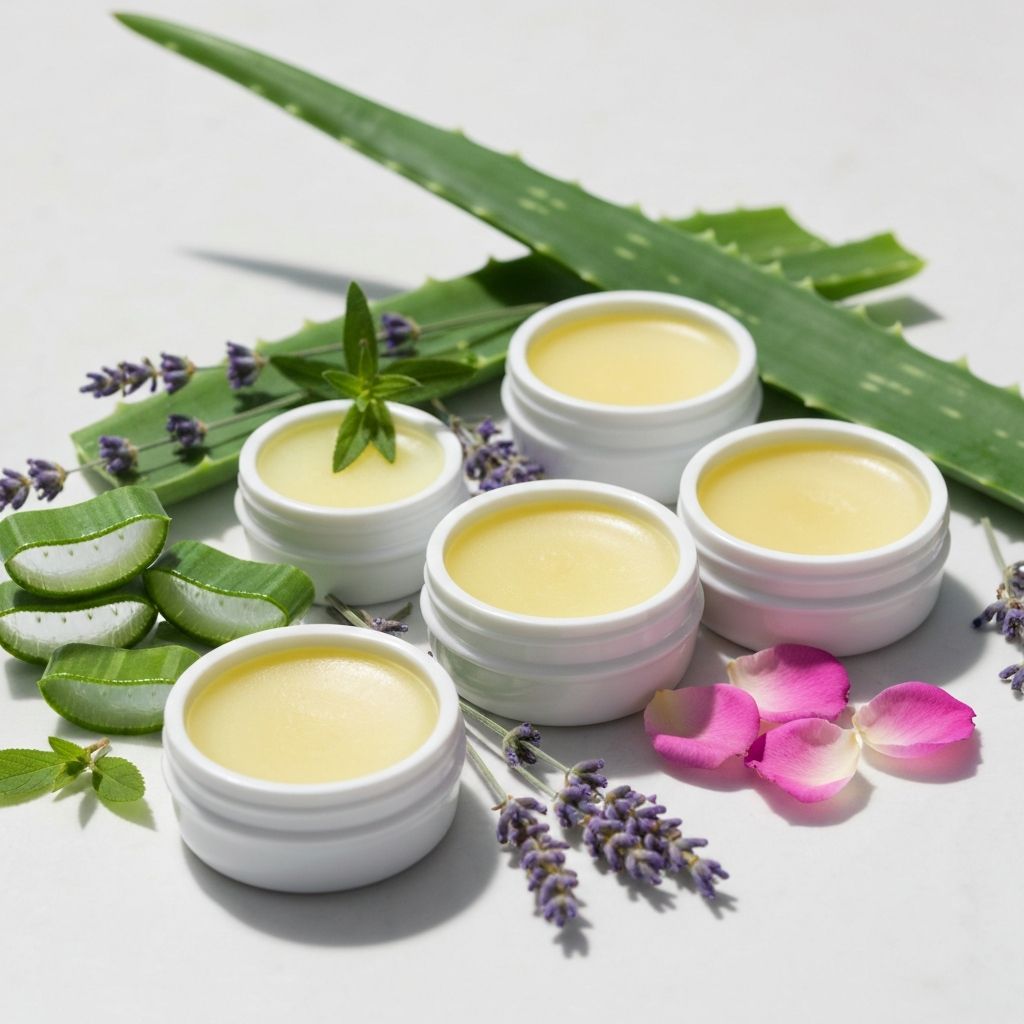 Collection of natural balms with herbal ingredients